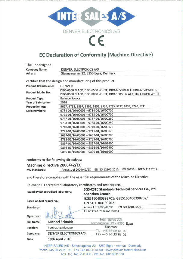 Denver DBO-10050 Maschinenrichtlinie